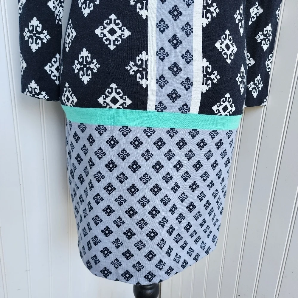 HATLEY Black Blue White Stamp Knee Length Sheath Dress Country Club Preppy Sz S
